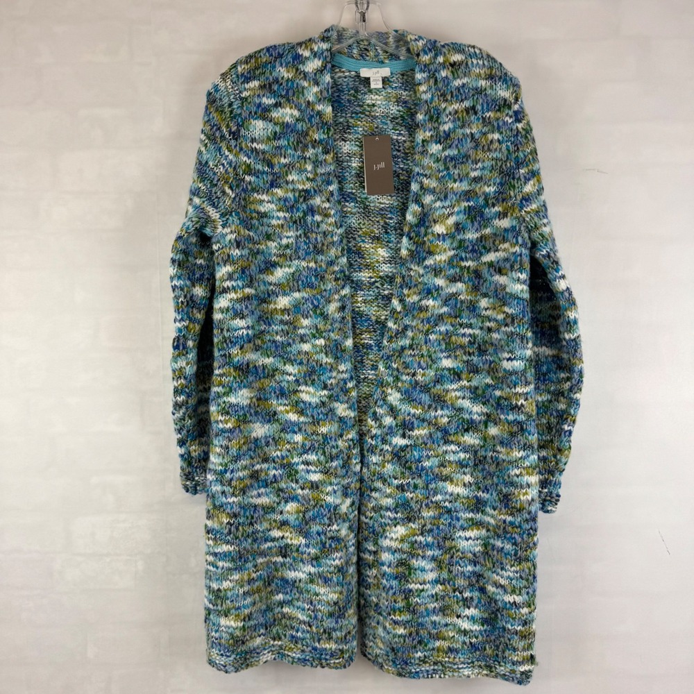 J.Jill Chunky Knit Open Front Cardigan Sweater Petite Small Blue Green Space NAT